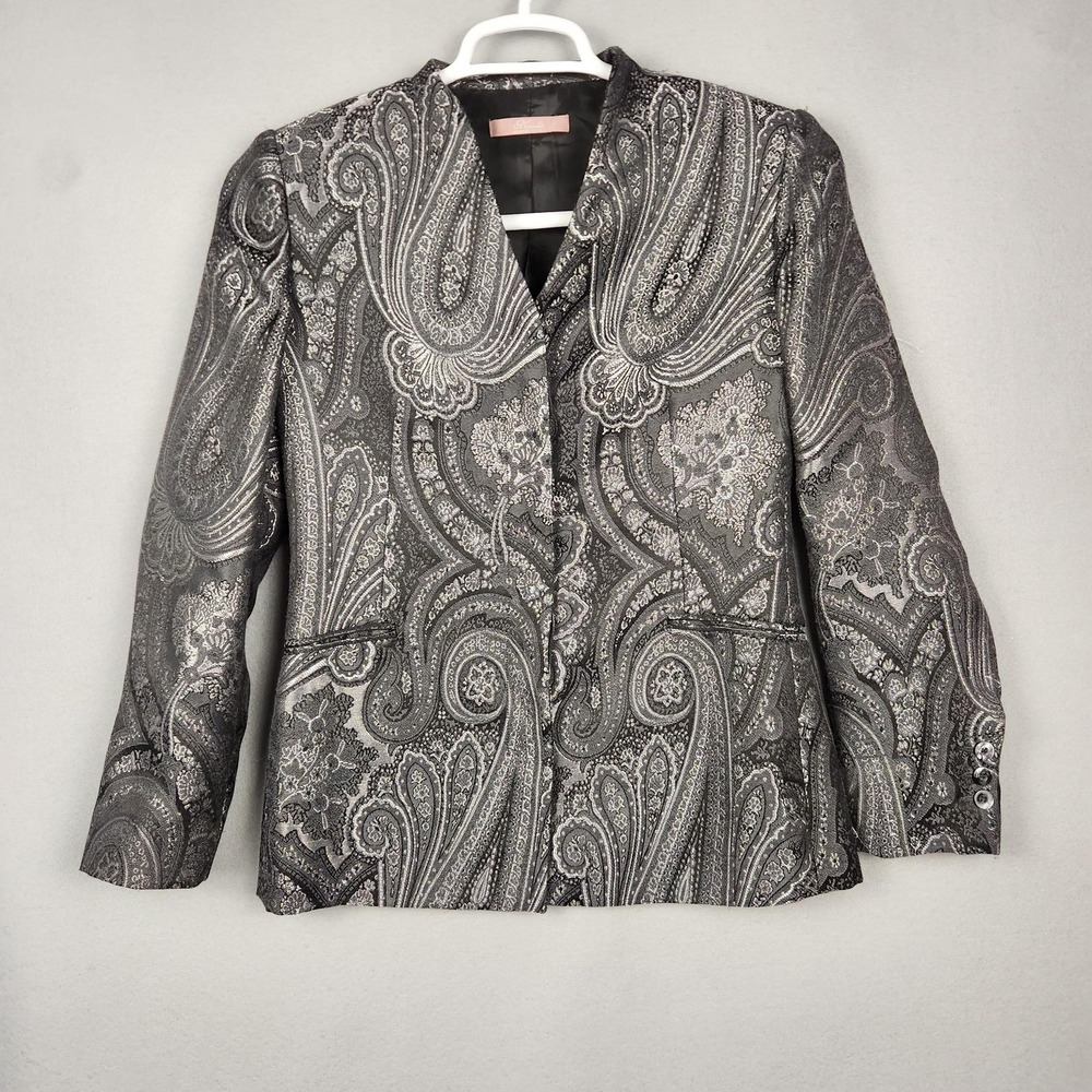 Nicola Blazer Womens 4 Black Silver Paisley Jacquard Button Front Made in Italy